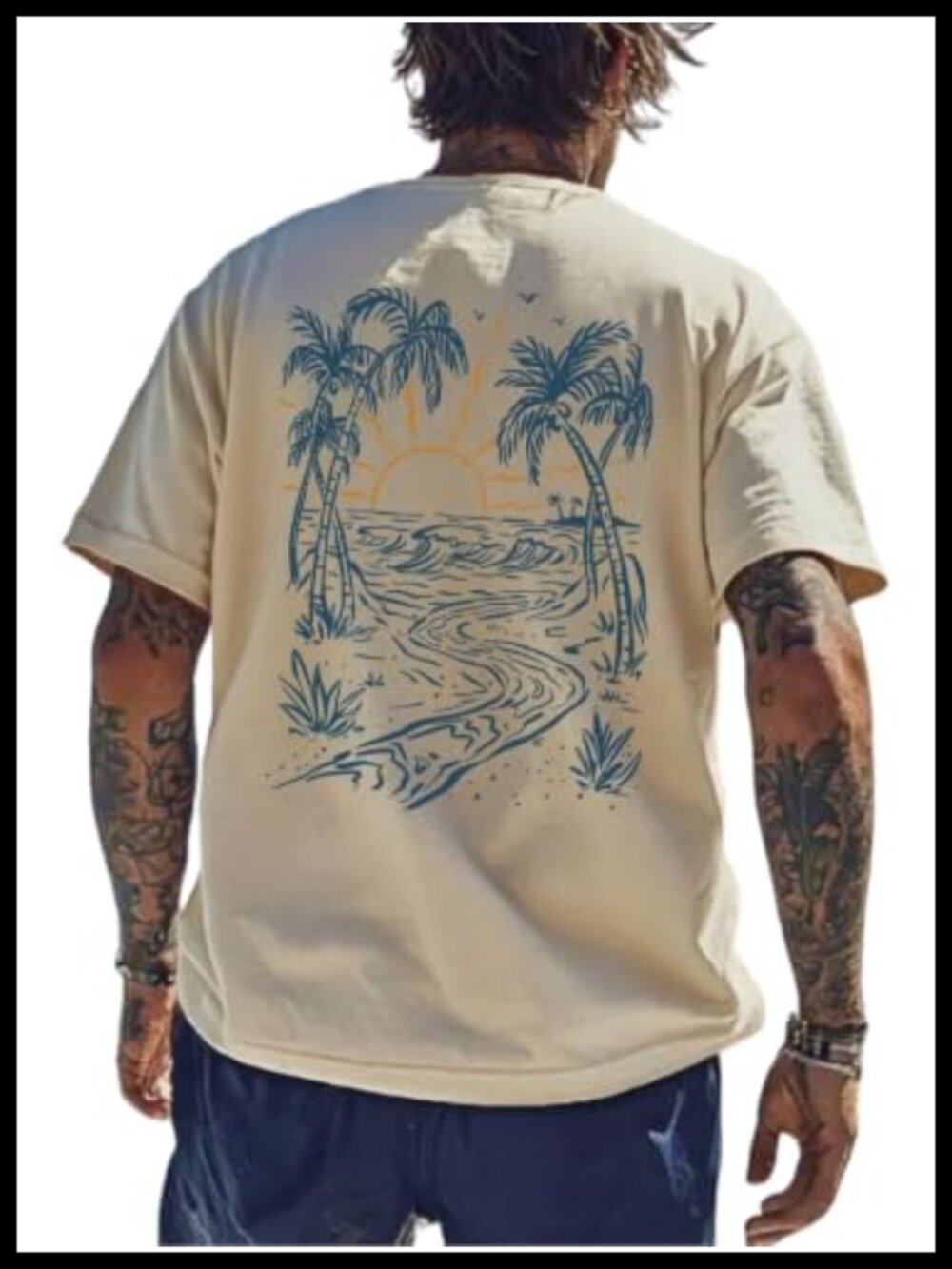Men's Tropical Beach Sunset Graphic Tee Short Sleeve Crewneck Summer Surf Top